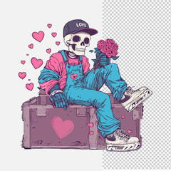 Love Themed Skeleton Art With Cap And Roses On A Transparent Background