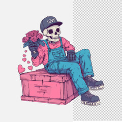 Love Themed Skeleton Art With Cap And Roses On A Transparent Background