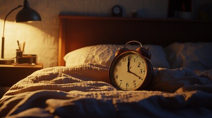 Retro round alarm clock is lying on an unmade bed in a dimly lit bedroom, illuminated by a bedside lamp