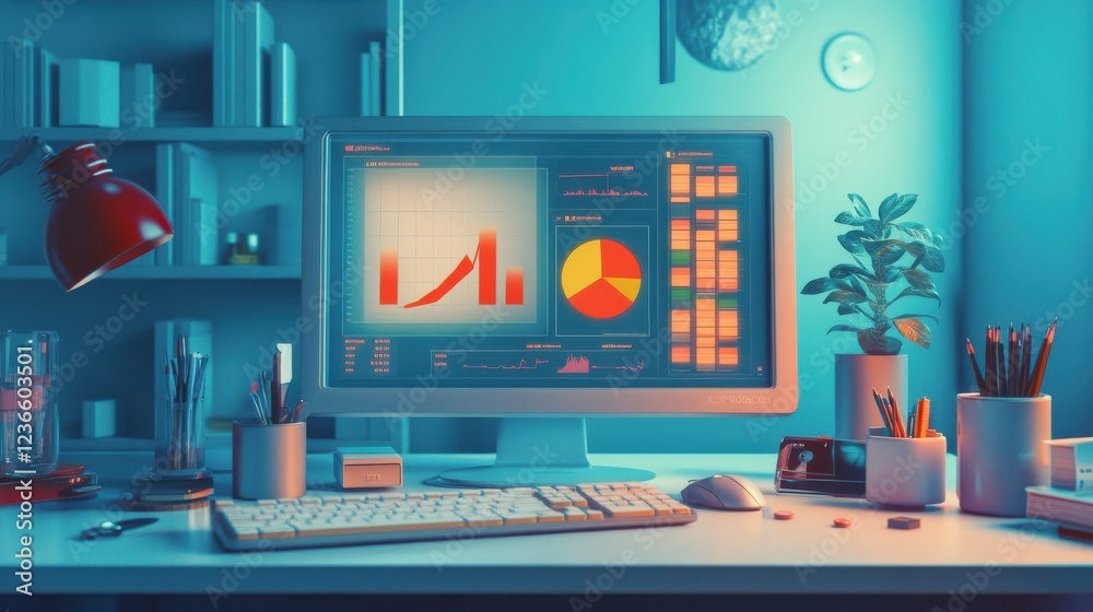 Poster a computer screen with graph and pie chart
