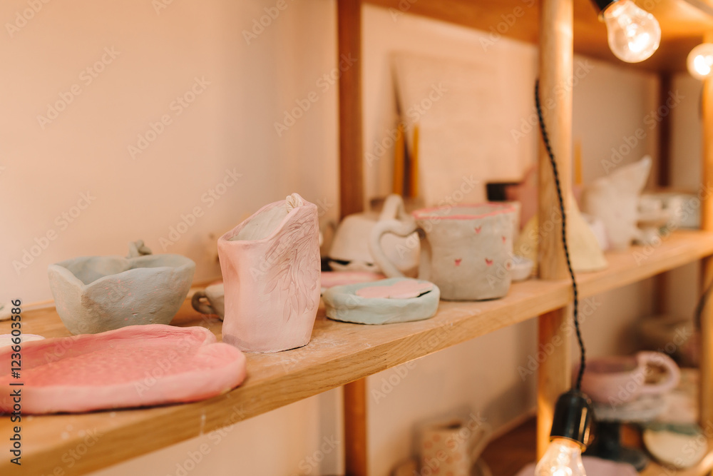 Poster shelf with handmade clay cups and plates in the pottery studio. creating ceramics ware with own hand