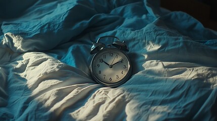 Alarm Clock on White Bed Sheets Depicting Time in a Soft Light Setting