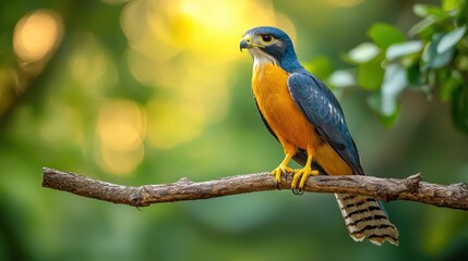 Obraz premium Majestic hawk perched on branch, showcasing vibrant blue and orange feathers against blurred green background. symbol of strength and grace in nature