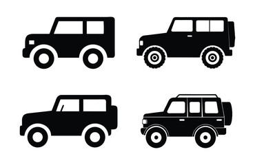 Set of Silhouette of an adventure off road car vector illustration . 2 wheel drive Jeep style vehicle collection. perfect for icons and design projects.