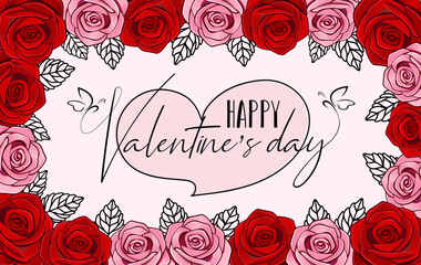 Holiday celebrating Valentine's day card with flowers. Elegant floral template with red and pink roses. Beautiful and romantic festive banner.