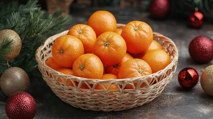 A basket of fresh tangerines placed on a festive table, with red and gold decorations for Chinese New Year.