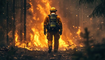 Fototapeta premium Firefighter Bravely Faces Wildfire Inferno in Forest
