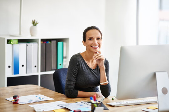 Business, woman and portrait by computer in office for financial planning, legal compliance and payroll processing. Finance manager, person and happy by desk for budget forecasting and administration