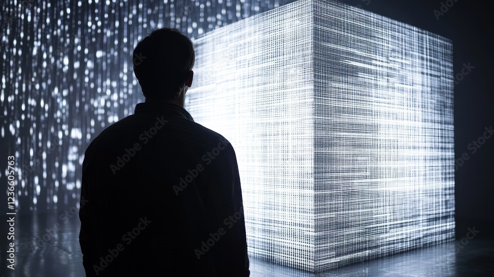 Poster man in front of a data manager cube