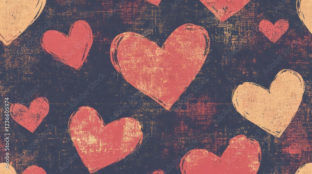 Poster seamless pattern with hand-drawn hearts on textured background.