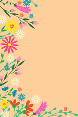 Beautiful floral vector card Delicate flowers along edge Copy space Orange background Perfect invitations Vertical greeting card wedding designs creative projects Elegant stylish versatile Birthday