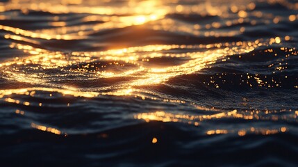 Golden sunlight sparkles and reflects on the surface of dark ocean waves