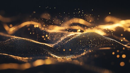 Abstract golden wave pattern on a dark background with blurred golden particles