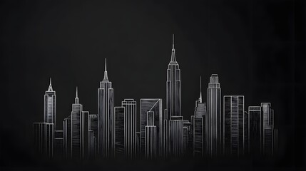 Naklejka premium Detailed Hand-Drawn City Skyline with Architectural Elements on Dark Background