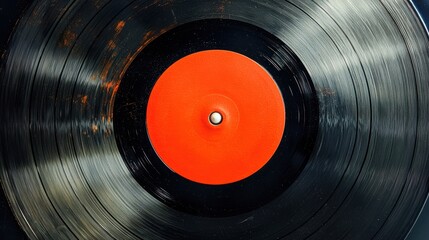 close up view of vintage vinyl record showcasing its grooves and vibrant red center. texture and details evoke nostalgia for classic music experiences
