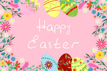 Happy Easter greeting card with Easter eggs and colorful floral decorative elements Flat style Modern Easter cover Vector illustration Pink background