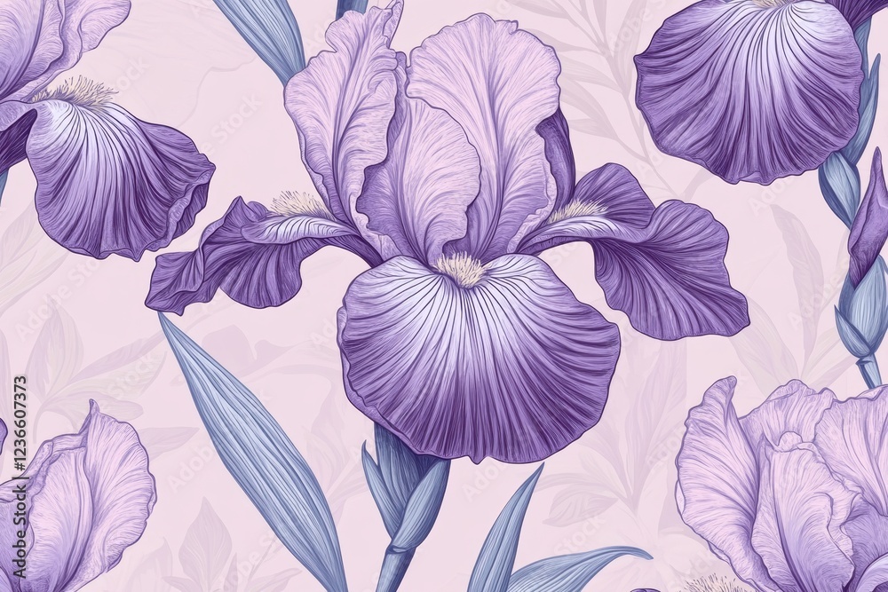 Poster colorful iris flower pattern showcasing soft purple hues in a delicate design ideal for fabric or wa