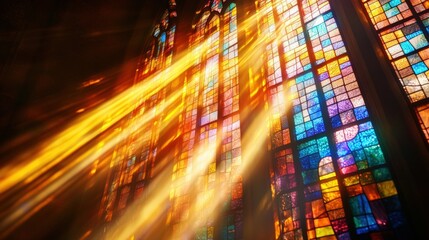 Obraz premium Ethereal Light: Stained Glass Window Illuminating Interior with Colorful Beams and Soft Shadows for Text Overlay