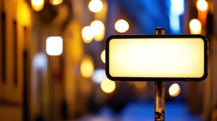 Illuminated Blank Signpost in a Blurred City Nightscape