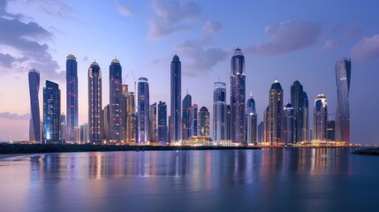 Naklejka premium Modern skyline illuminated at dusk with shimmering reflections on the water in a vibrant urban setting
