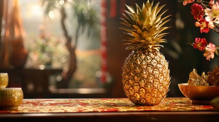 A large, golden pineapple placed on a festive table during Chinese New Year celebrations, symbolizing wealth and prosperity.