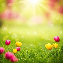 Vibrant Spring Meadow: A Burst of Yellow and Pink Tulips Basking in the Sunlight