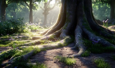 Obraz premium Sunlight illuminates forest tree roots, wildflowers; serene nature background for fantasy, game design