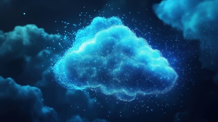Fototapeta premium Cloud computing visualization in a server room, data flowing as glowing blue particles, high-tech infrastructure for digital storage and processing