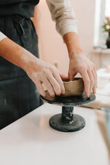 Artisan sculpts ceramic bowl using potter's wheel. Hands shaping clay into dish in the craft studio.