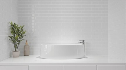 Fototapeta premium Sleek white subway tiles covering the walls of a modern bathroom, with a large format porcelain sink in the center, chrome accents, porcelain sink, interior design, bathroom fixtures
