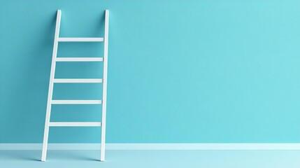 A Sturdy Wooden Ladder Leaning Against a Bright Blue Wall Creating a Striking Visual Contrast Highlighting the Texture of the Ladder and the Vividness of the Wall in a Minimalist Style