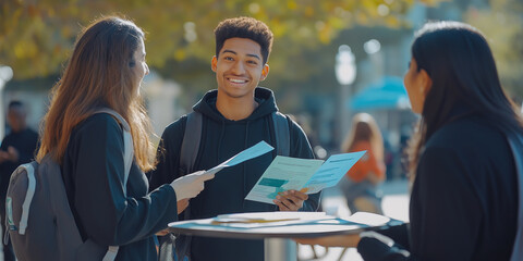 Mental health awareness campaign booth at a college campus, with volunteers handing out informational brochures and talking to students.