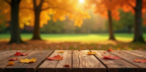 Rustic wooden table, autumn leaves tablecloth, park backdrop, outdoor, leaves