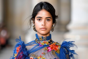 Vibrant Model In Embroidered Outfit On Runway