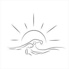 Vector sun and waves landscape colorless black and white contour line drawing