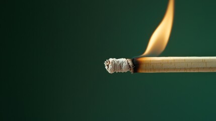A close-up of a burning matchstick against a vibrant green background.