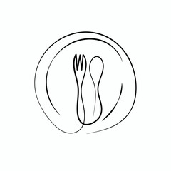 Line art fork spoon and plates. Continuous one line sketch of cutlery and kitchen utensils. Hand drawn illustration of tableware for restaurant logo or menu cover in line style