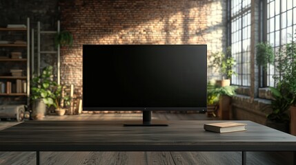 Blank black computer monitor on modern table in eco style interior room with wooden floor. Mockup. 3D rendering