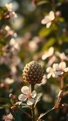 Seed pod of Simmondsia chinensis, surrounded by delicate flowers in a botanical garden,  greenery, jojoba seeds,  plant flowers,  desert plant