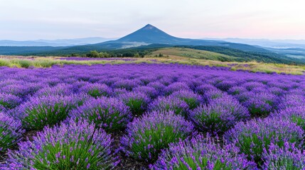 Obraz premium Lavender field blooming in rows with a prominent conical mountain peak in the background under a soft twilight sky.