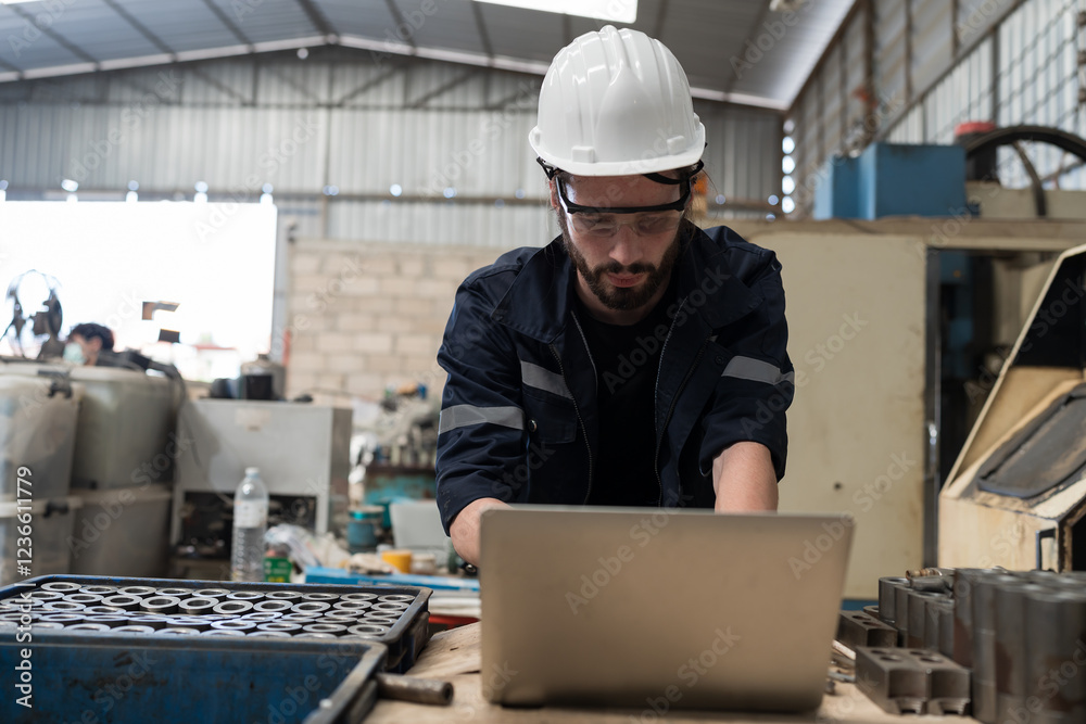 Poster Professional male engineer working with laptop computer for control machine in industry factory. Male worker working with lathe machine with safety uniform, goggles and helmet