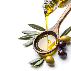 Fresh olive oil pouring from bottle onto wooden spoon with olives and leaves