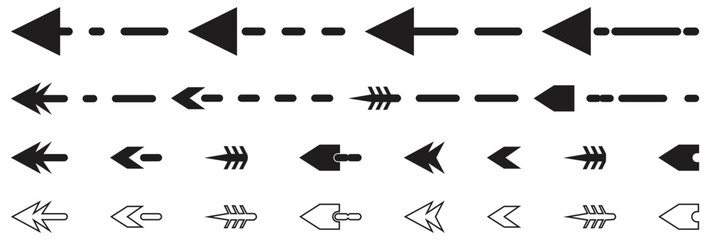 Various Arrow Styles and Dashed Line Designs. Isolated On Transparent Background.
