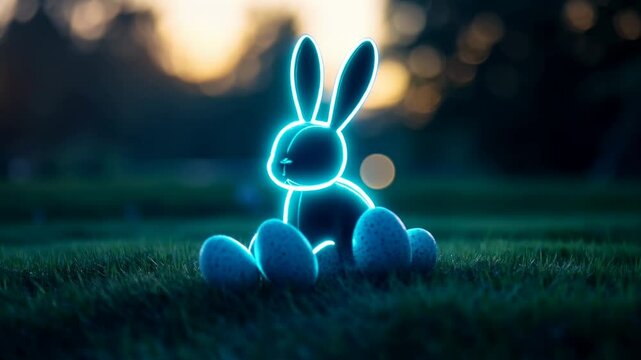 Shining bunny made of neon light with Easter eggs on blurred dark background. Easter rabbit. Futuristic technology, ai. Creative holiday concept design for card