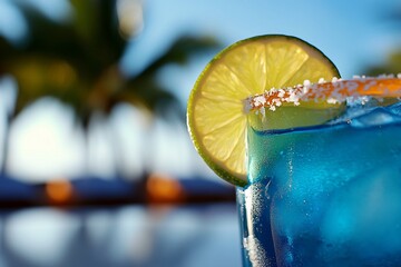 Refreshing Blue Cocktail with Lime and Salt Rim at Beachside on Sunny Day