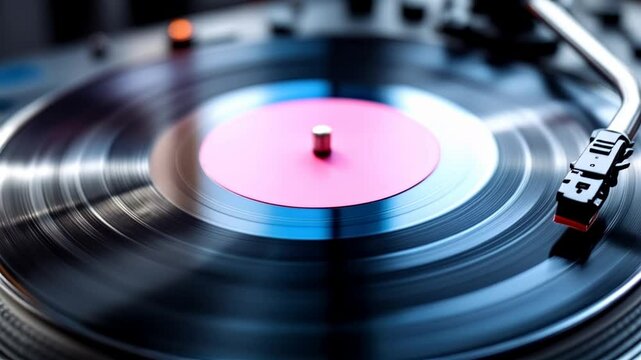 Black vinyl record on DJ player. Black vinyl background pink and blue label in center. Rotating plate close-up on turntable. Needle stylus. Macro Top view. Popular styles of disco from 90s, 70s, 80s