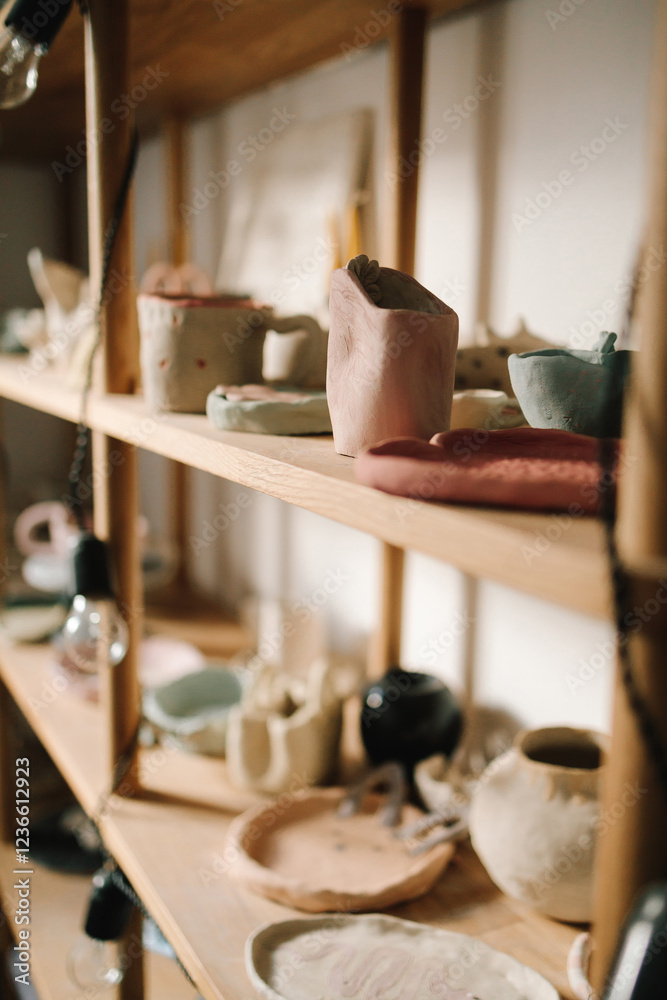 Poster creating ceramics ware with own hands. shelf with handmade clay cups and plates in the pottery studi