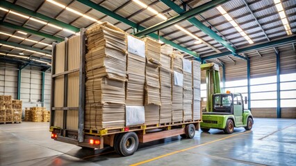 Recycled paper products being unloaded from a truck and stacked onto a shelf in a warehouse, recycled materials, paper products, supply chain efficiency, recycling centers, sustainable storage