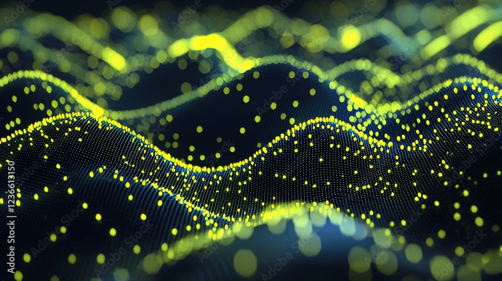 Poster abstract yellow and blue glowing particle wave.