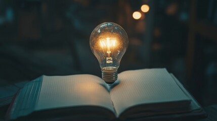 A light bulb on top of an open notebook, symbolizing ideas and inspiration. The background is dark, with the focus on the glowing bulb. 